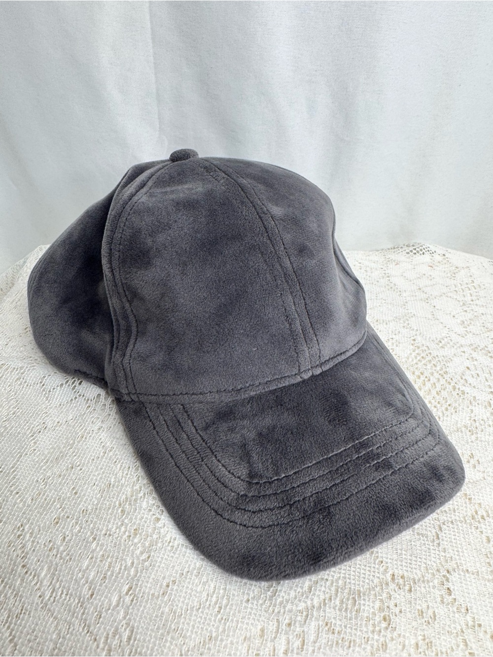 Gray Velour Baseball Cap Adjustable Strap Back Hat Soft Velvet Look